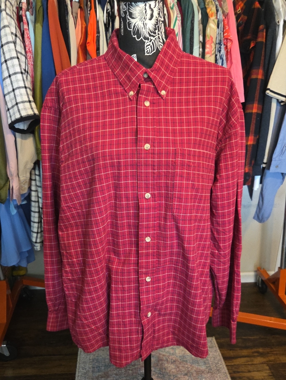 Men's Red Plaid Casual Button-Down Shirt
